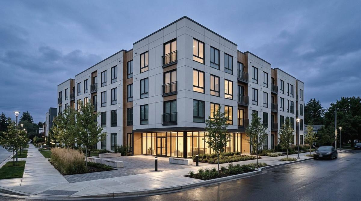 A newly delivered apartment building in lease-up