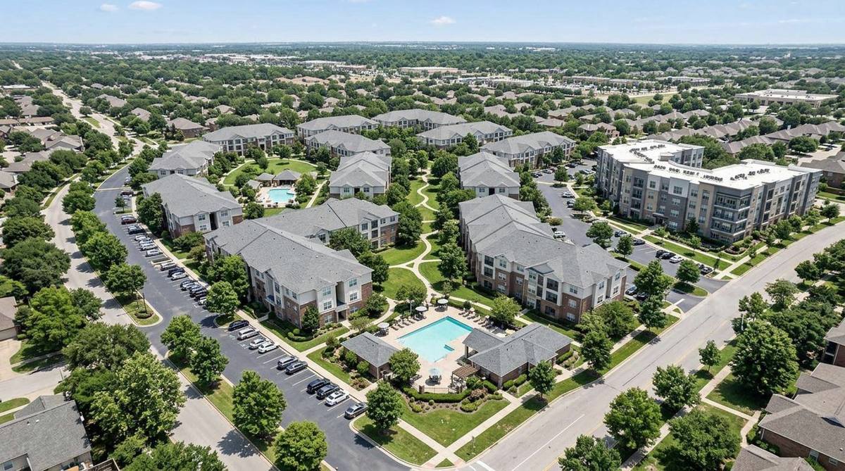 Aerial view of an apartment community, illustrative