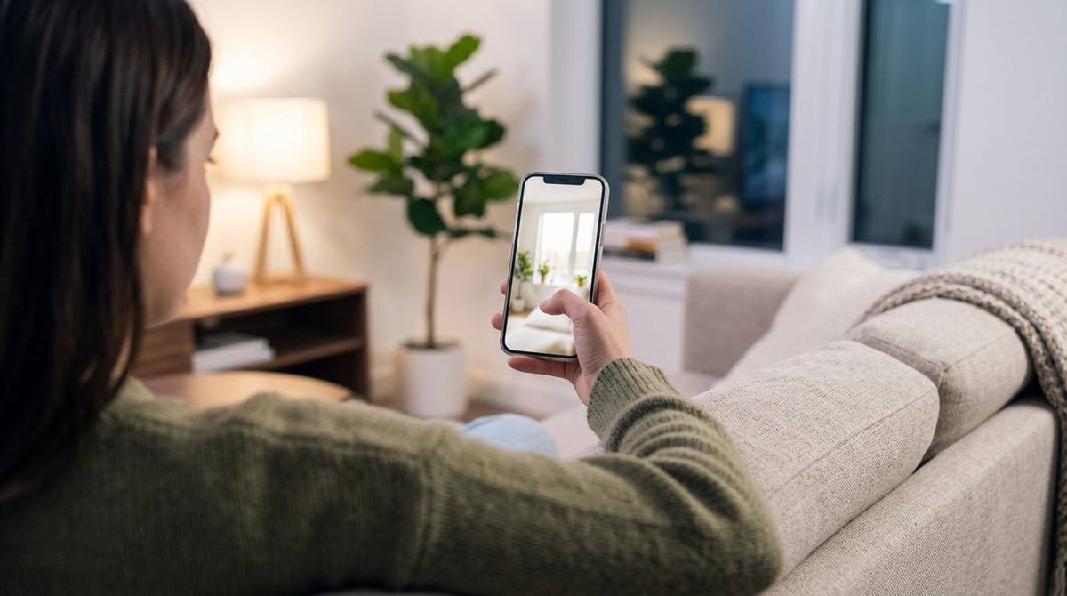 A prospect browsing apartment photos on a phone at home